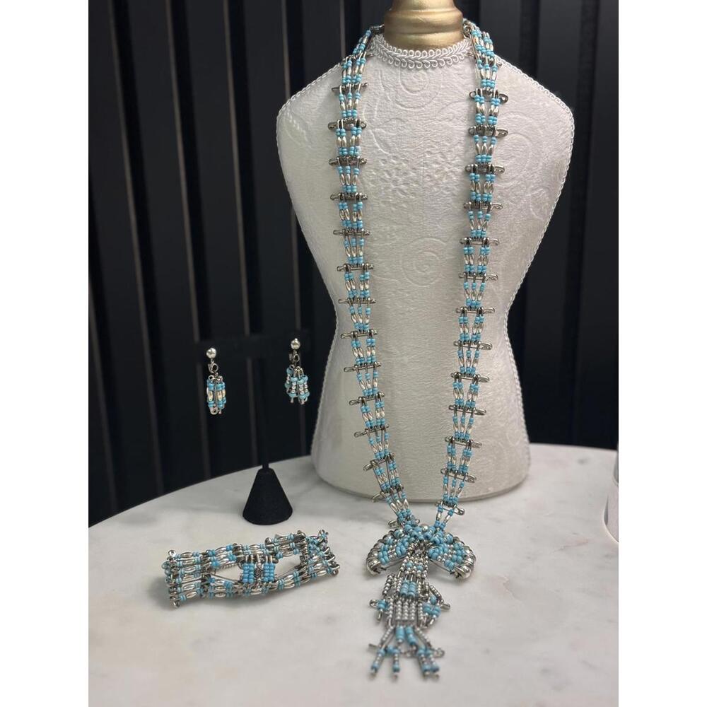 Vintage Turquoise and Silver Safety Pin Jewelry Set - Necklace, Bracelet, Earrin